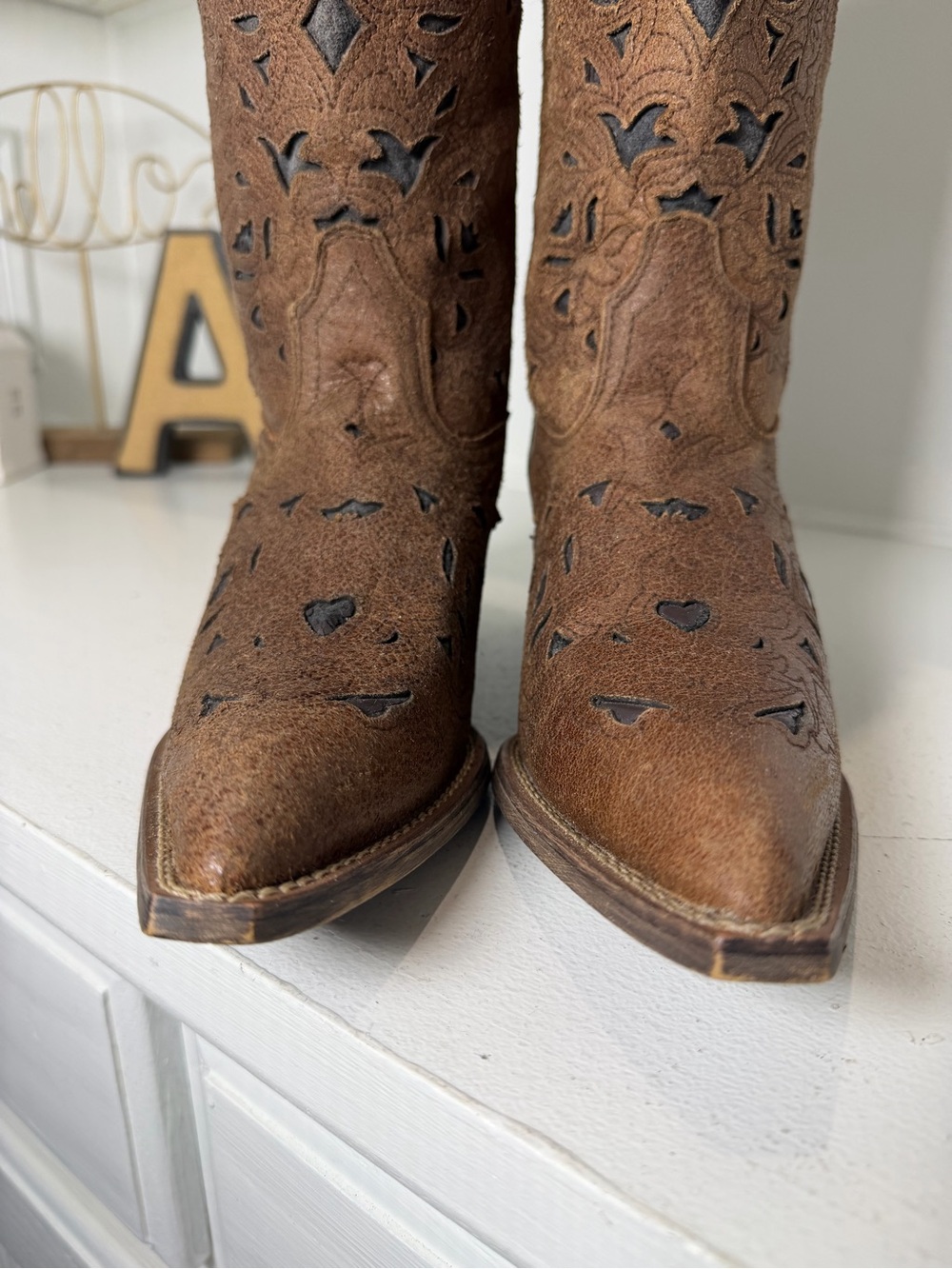 Laredo Womens 7M Brown Floral Cutout Cowboy Boots Tall Western Boho - Picture 4 of 9